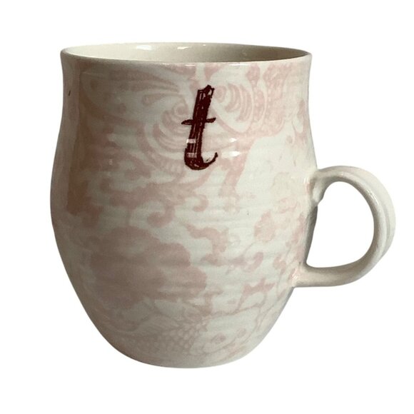 Anthropologie Homegrown Monogram Letter T Pink Floral Coffee Mug Tea Cup 14oz - Picture 1 of 7